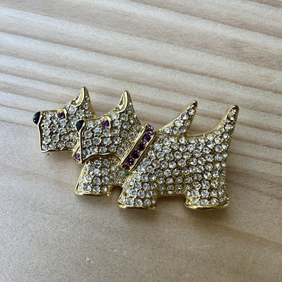 VTG Napier 2 Scotty Dogs Brooch Pin 2" Pave Clear Pink Crystals Gold Plated Sign - Picture 1 of 6